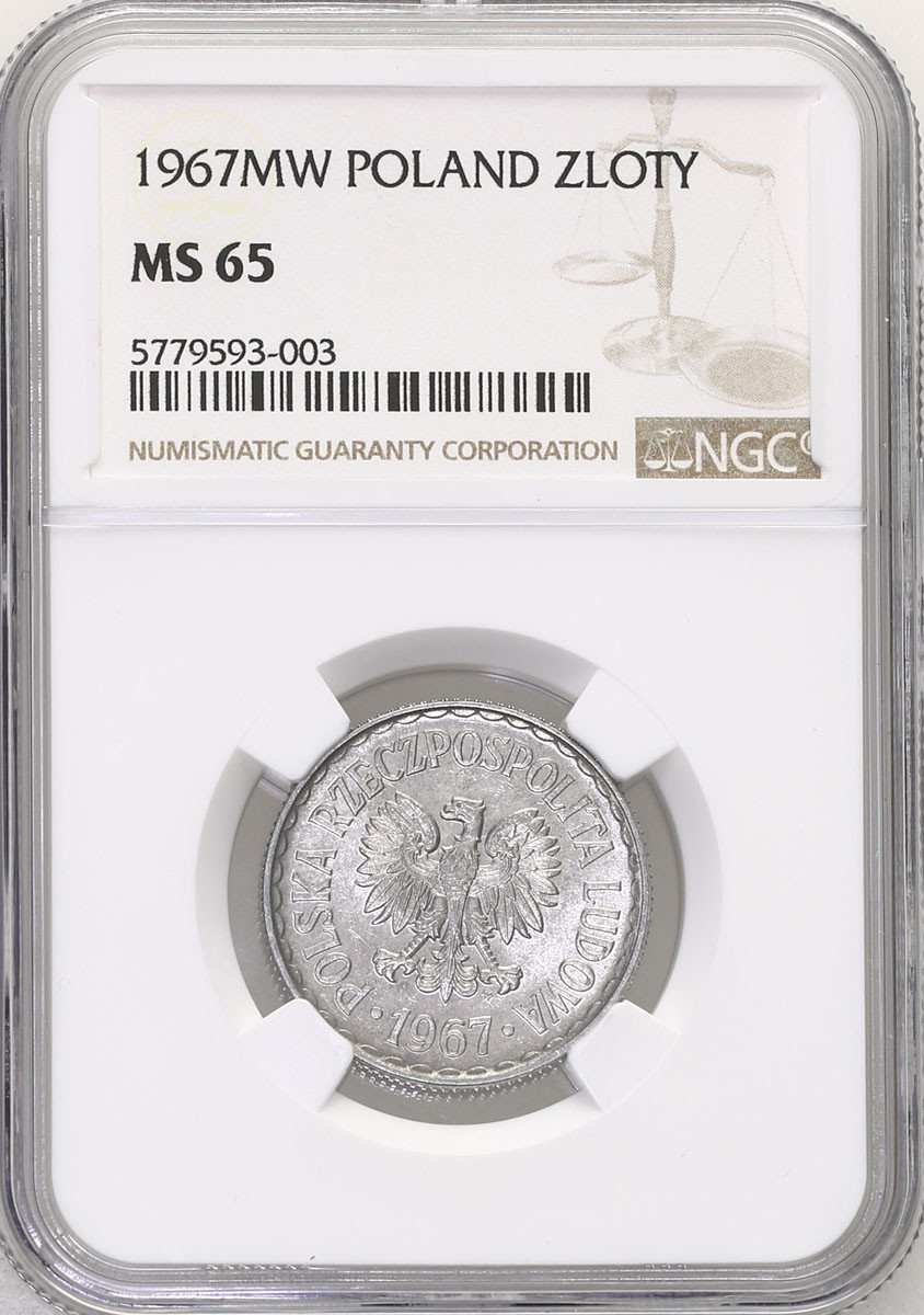 PRL. 1 złoty 1967 aluminium NGC MS65 - RZADSZY ROCZNIK